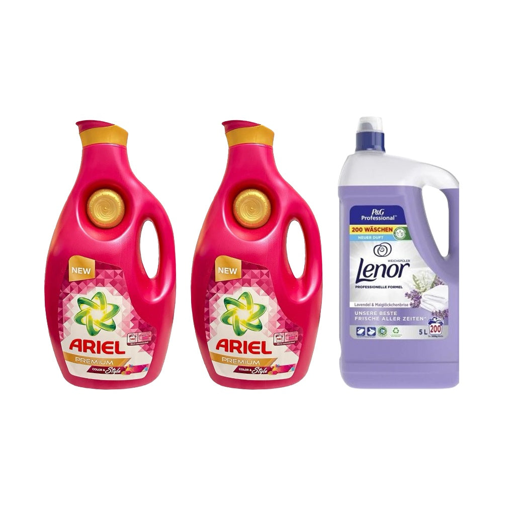 2x Detergent lichid de rufe lichid Ariel Premium, 6.3L + Lenor Lavender 5L