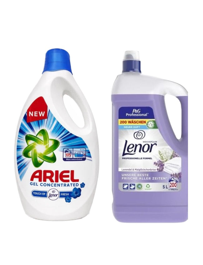 Pachet cu Detergent lichid Ariel Universal Clean 5.7 L + Balsam Lenor Professional Lavender 5L