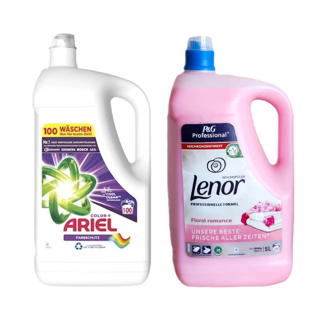Pachet cu Detergent lichid Ariel Color+ 5L + Balsam Lenor Professional Floral 5L