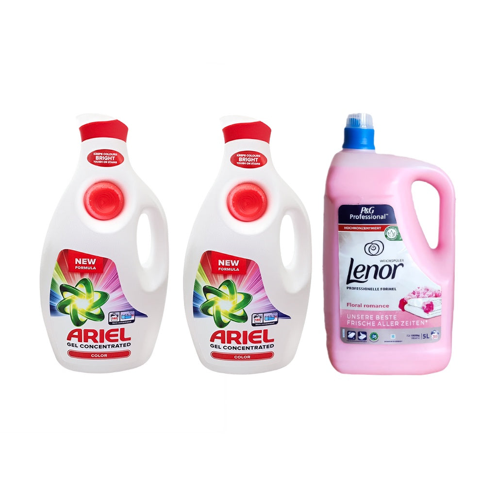 2x Detergent lichid de rufe Ariel Color, 6.3L + Lenor Floral 5L