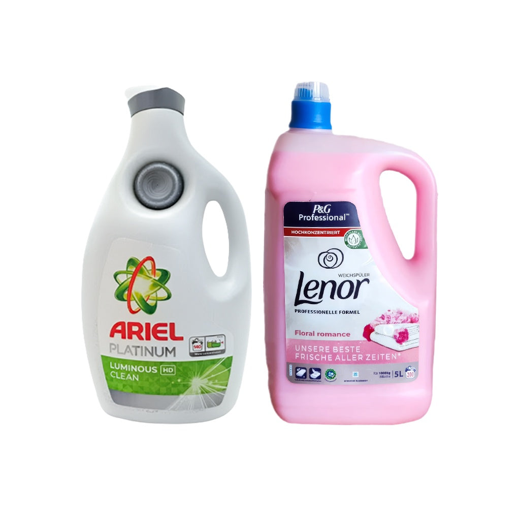 Detergent lichid de rufe lichid Ariel Platinium, 6.3L + Lenor Floral 5L