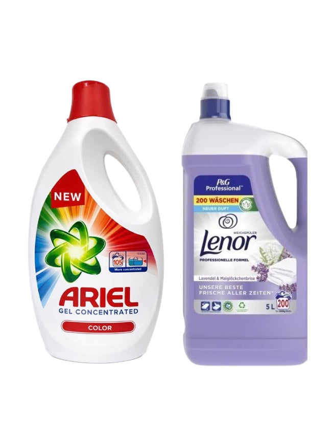 Pachet cu Detergent lichid Ariel Color 5.7 L + Balsam Lenor Professional Lavender 5L