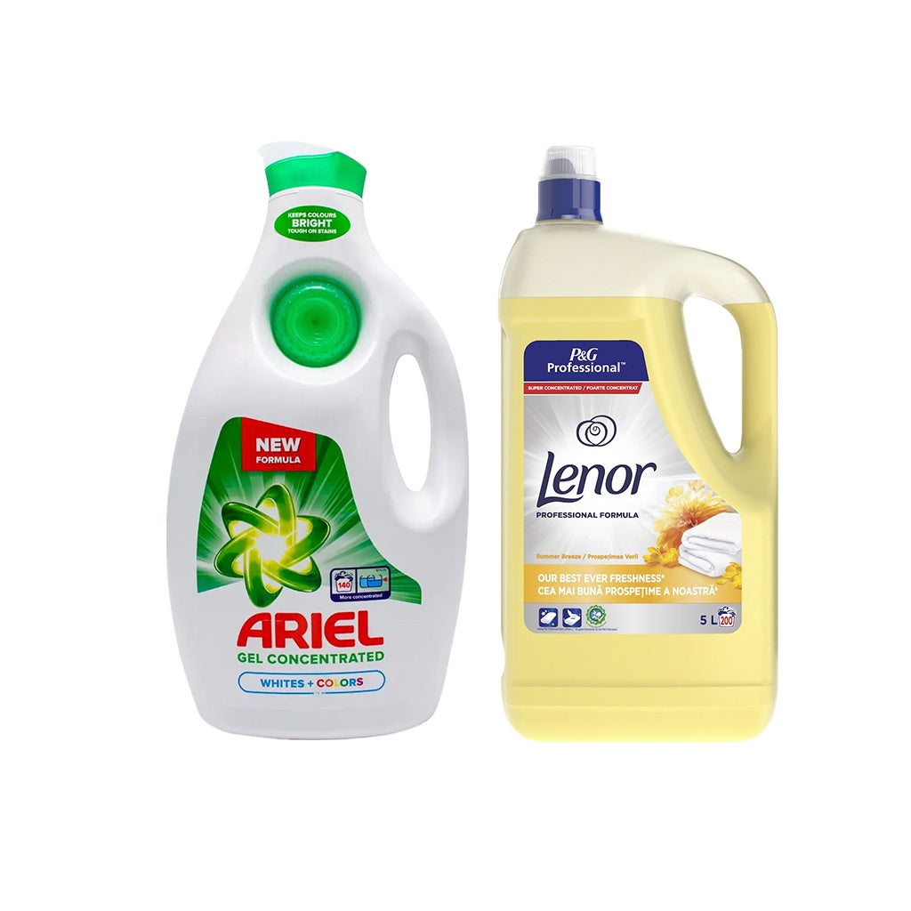 Detergent lichid de rufe lichid Ariel Albe + Colorate, 6.3L + Lenor Summer Breeze 5L
