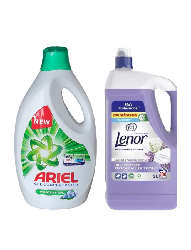 Pachet cu Detergent lichid Ariel Mountain Spring 5.7 L + Balsam Lenor Professional Lavender 5L
