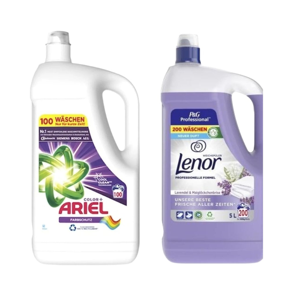 Pachet cu Detergent lichid Ariel Color+ 5L + Balsam Lenor Professional Lavender 5L