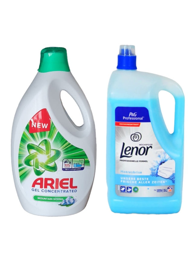 Pachet cu Detergent lichid Ariel Mountain Spring 5.7 L + Balsam Lenor Professional Sea Breeze 5L