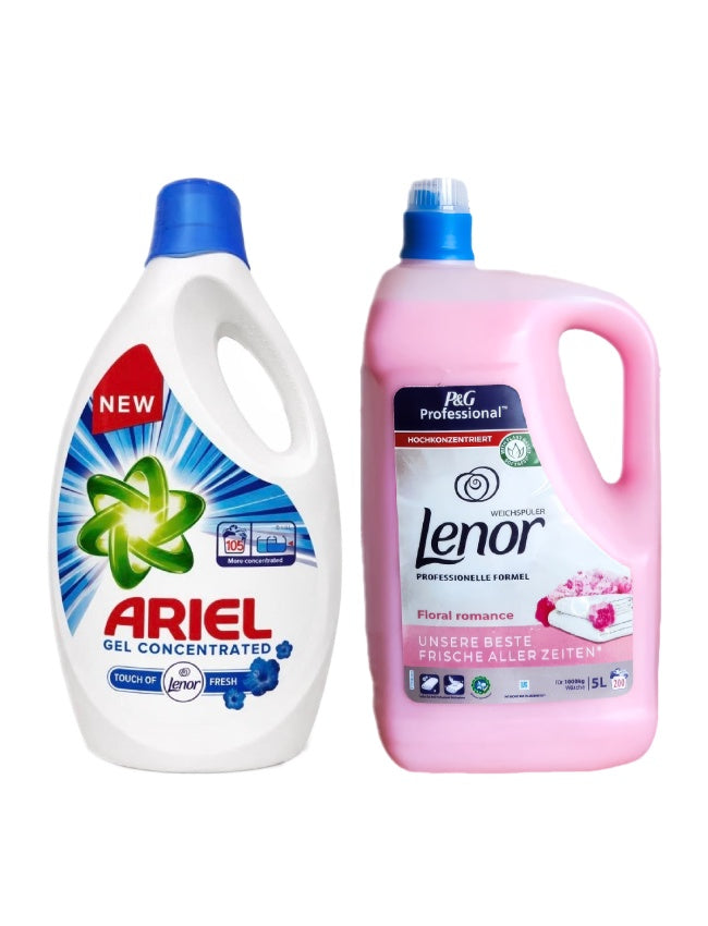 Pachet cu Detergent lichid Ariel Universal Clean 5.7 L + Balsam Lenor Professional Floral 5L