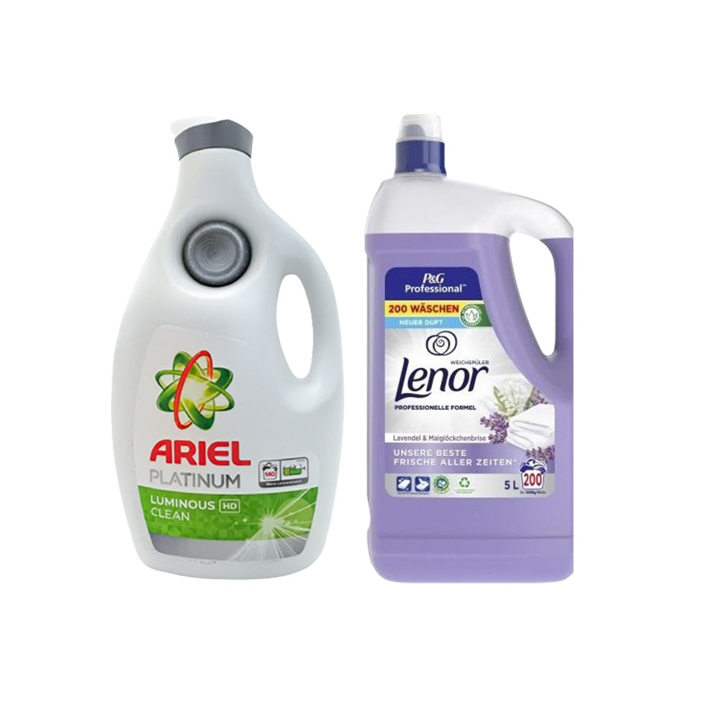 Detergent lichid de rufe lichid Ariel Platinium, 6.3L + Lenor Lavender 5L