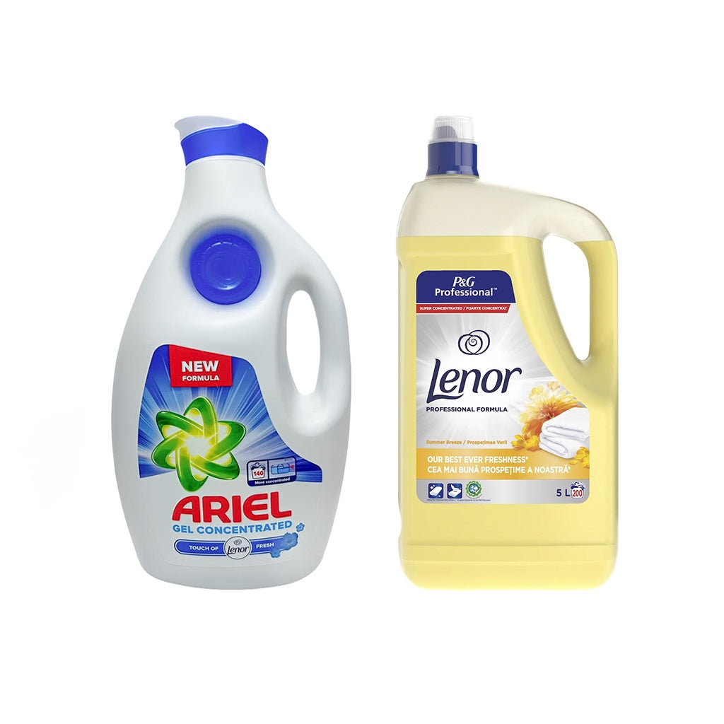 Detergent lichid de rufe Ariel Universal, 6.3L + Lenor Summer Breeze 5L