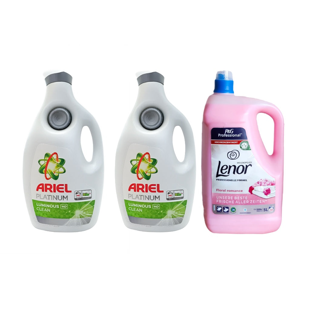 2x Detergent de rufe Ariel Platinium, 6.3L + Lenor Floral 5L
