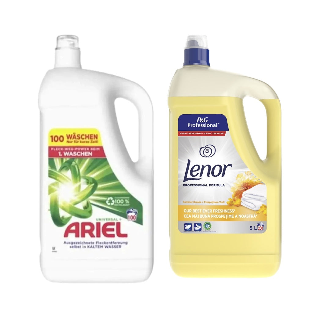 Pachet cu Detergent lichid Ariel Universal Clean 5L + Balsam Lenor Professional Summer Breeze 5L