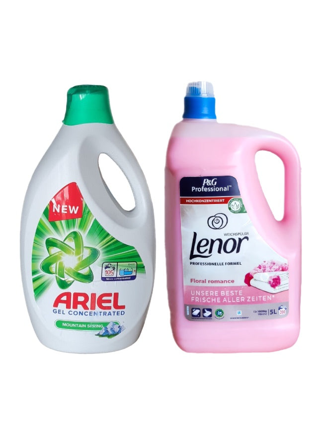 Pachet cu Detergent lichid Ariel Mountain Spring 5.7 L + Balsam Lenor Professional Floral 5L