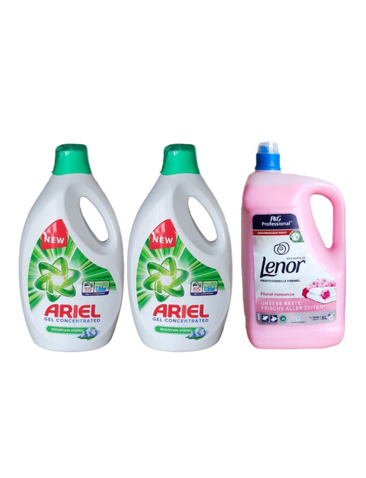Pachet cu 2x Detergent lichid Ariel Mountain Spring 5.7 L + Balsam Lenor Professional Floral 5L
