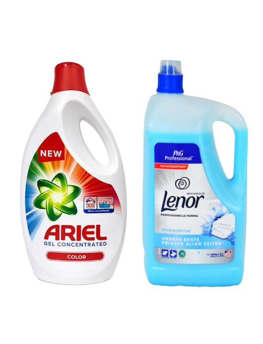 Pachet cu Detergent lichid Ariel Color 5.7 L + Balsam Lenor Professional Sea Breeze 5L