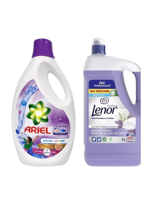 Pachet cu Detergent lichid Ariel Albe + Color 5.7 L + Balsam Lenor Professional Lavender 5L