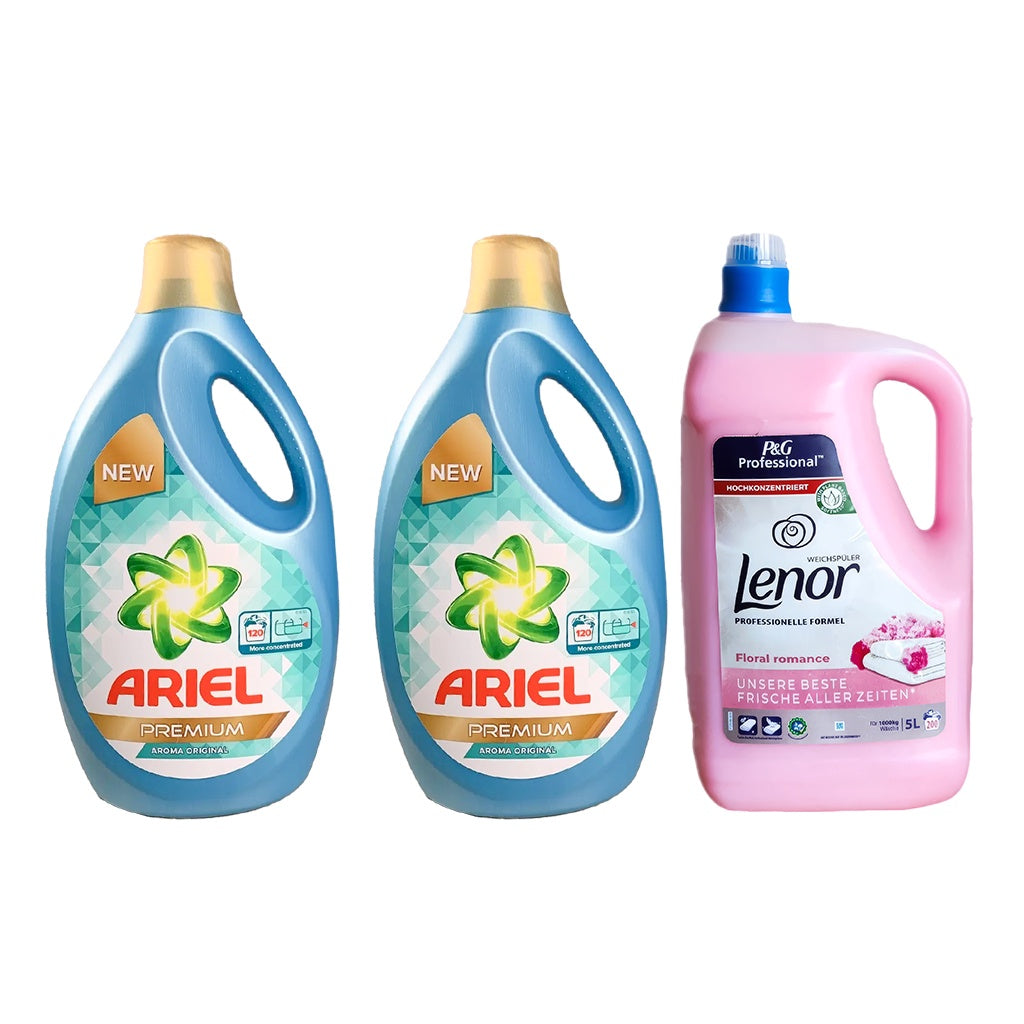 Pachet Promo 2x Detergent Ariel Premium Original 5L + Balsam Lenor Floral, 5L