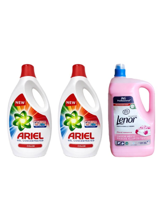 Pachet cu 2x Detergent lichid Ariel Color 5.7 L + Balsam Lenor Professional Floral 5L