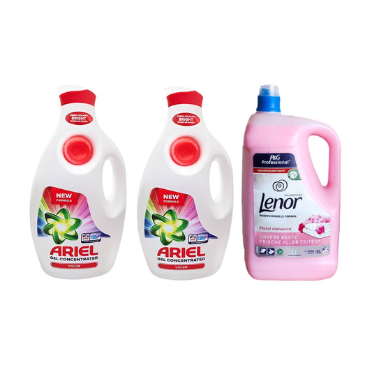 2x Detergent lichid de rufe Ariel Color, 6.3L + Lenor Floral 5L