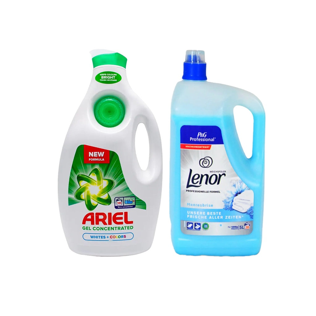 Detergent lichid de rufe lichid Ariel Albe + Colorate, 6.3L + Lenor Sea Breeze 5L