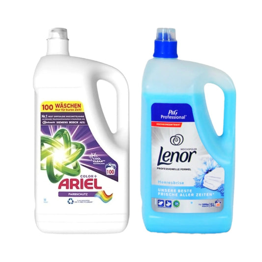Pachet cu Detergent lichid Ariel Color+ 5L + Balsam Lenor Professional Sea Breeze 5L