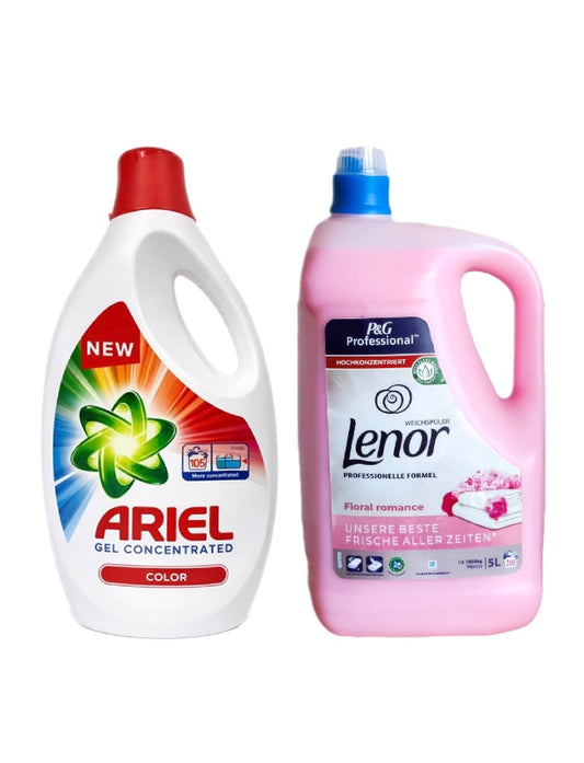 Pachet cu Detergent lichid Ariel Color 5.7 L + Balsam Lenor Professional Floral 5L