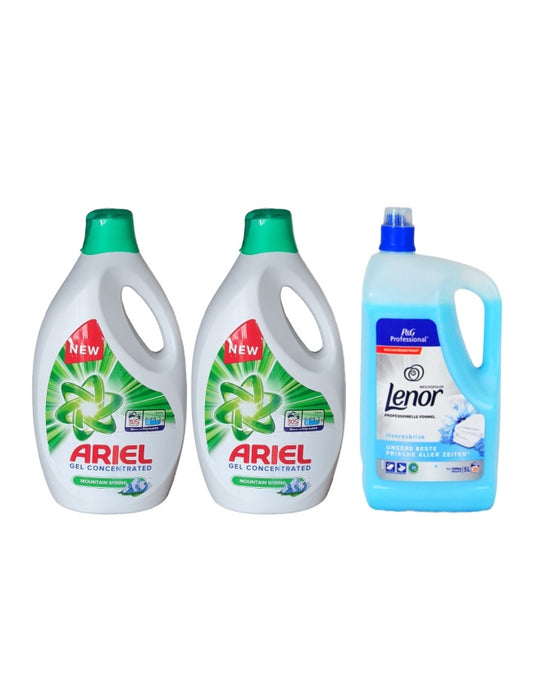 Pachet cu 2x Detergent lichid Ariel Mountain Spring 5.7 L + Balsam Lenor Professional Sea Breeze 5L