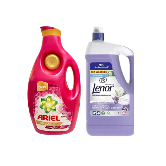 Detergent lichid de rufe lichid Ariel Premium, 6.3L + Lenor Lavender 5L