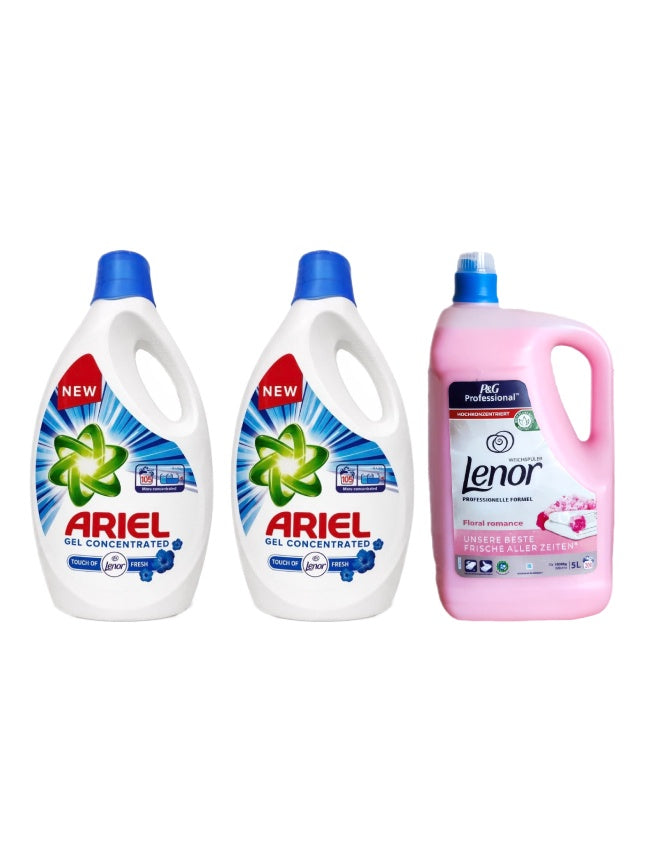 Pachet cu 2x Detergent lichid Ariel Universal Clean 5.7 L + Balsam Lenor Professional Floral 5L