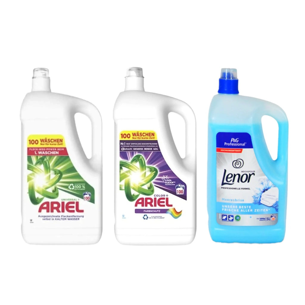 Pachet cu Detergent lichid Ariel Universal Clean 5L + Ariel Color+ 5L + Balsam Lenor Professional Sea Breeze 5L
