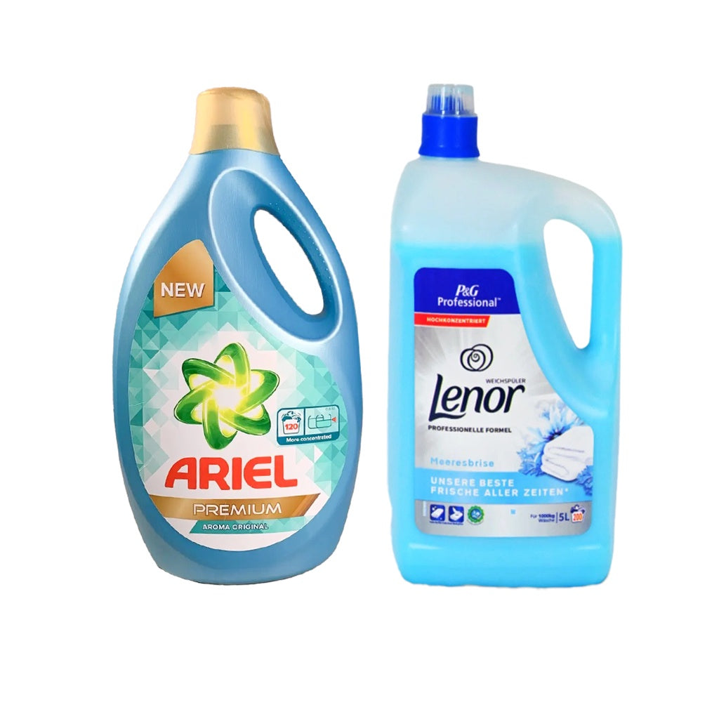 Pachet Promo Detergent Ariel Premium Original 5L + Balsam Lenor Briză Marină, 5L