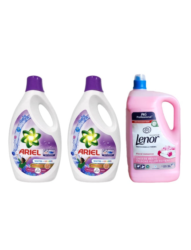 Pachet cu 2x Detergent lichid Ariel Albe + Color 5.7 L + Balsam Lenor Professional Floral 5L