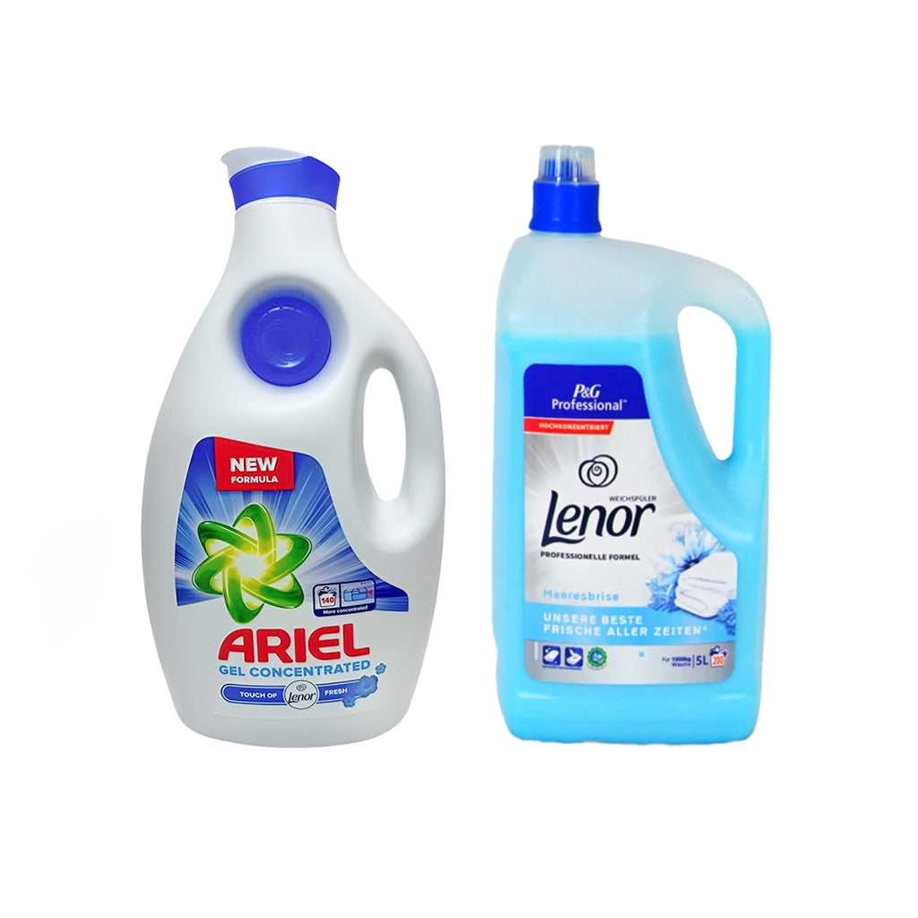 Detergent lichid de rufe Ariel Universal, 6.3L + Lenor Sea Breeze 5L