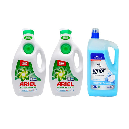 2x Detergent lichid de rufe lichid Ariel Albe + Colorate, 6.3L + Lenor Sea Breeze 5L