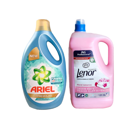 Pachet Detergent Promoțional Ariel Premium Original 5L + Balsam Lenor Floral, 5L