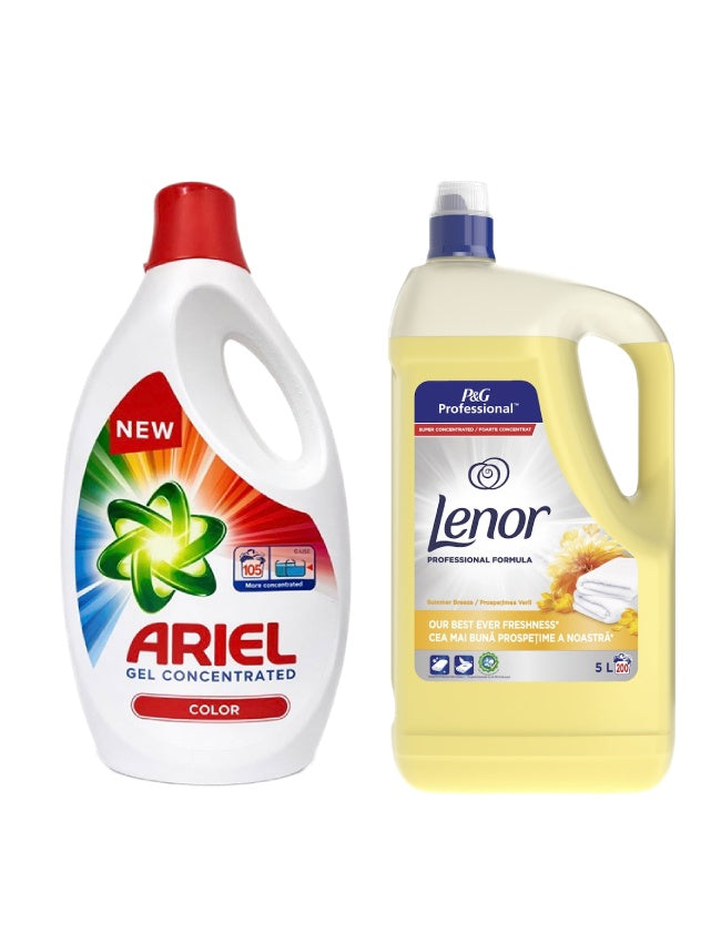 Pachet cu Detergent lichid Ariel Color 5.7 L + Balsam Lenor Professional Summer Breeze 5L