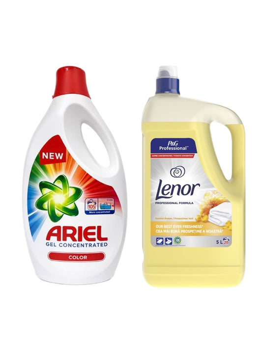 Pachet cu Detergent lichid Ariel Color 5.7 L + Balsam Lenor Professional Summer Breeze 5L