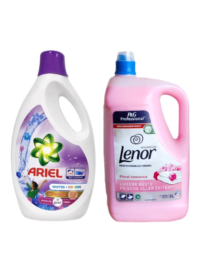 Pachet cu Detergent lichid Ariel Albe + Color 5.7 L + Balsam Lenor Professional Floral 5L