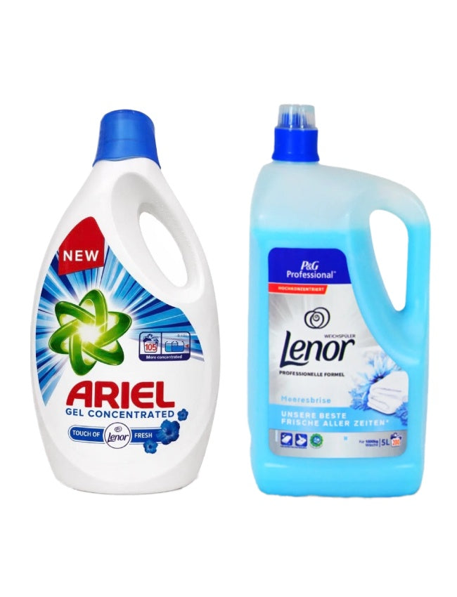 Pachet cu Detergent lichid Ariel Universal Clean 5.7 L + Balsam Lenor Professional Sea Breeze 5L