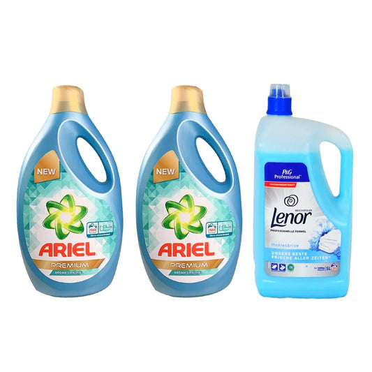 Pachet Detergent Promoțional 2x Ariel Premium Original 5L + Balsam Lenor Briză Marină, 5L
