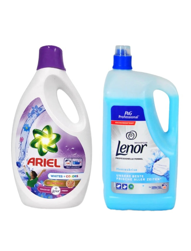 Pachet cu Detergent lichid Ariel Albe + Color 5.7 L + Balsam Lenor Professional Sea Breeze 5L