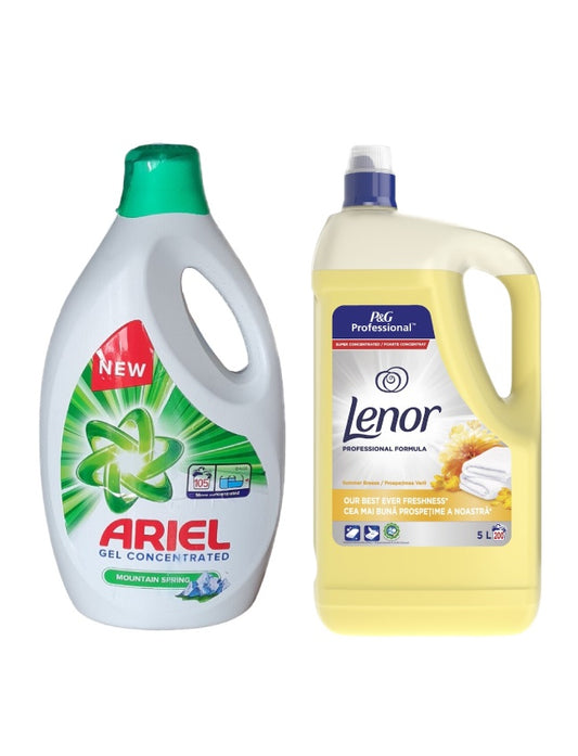 Pachet cu Detergent lichid Ariel Mountain Spring 5.7 L + Balsam Lenor Professional Summer Breeze 5L