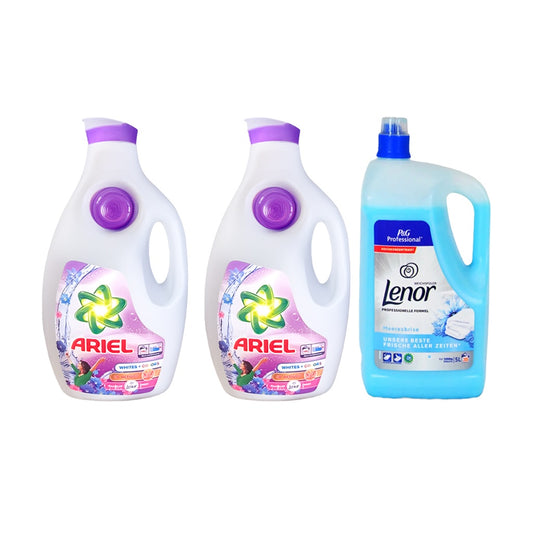 2x Detergent lichid de rufe lichid Ariel Albe + Colorate 3D Activ, 6.3L + Lenor Sea Breeze 5L