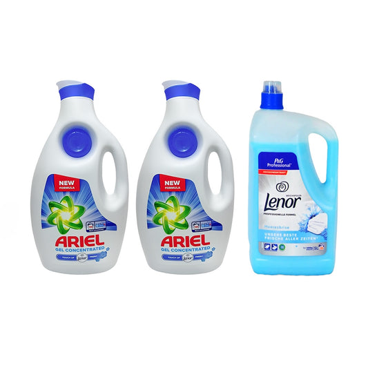 2x Detergent lichid de rufe Ariel Universal, 6.3L + Lenor Sea Breeze 5L