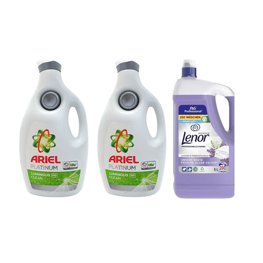 2x Detergent lichid de rufe lichid Ariel Platinium, 6.3L + Lenor Lavender 5L