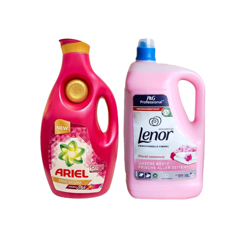 Detergent lichid de rufe lichid Ariel Premium, 6.3L + Lenor Floral 5L