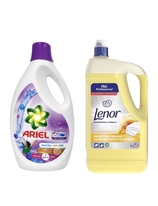 Pachet cu Detergent lichid Ariel Albe + Color 5.7 L + Balsam Lenor Professional Summer Breeze 5L
