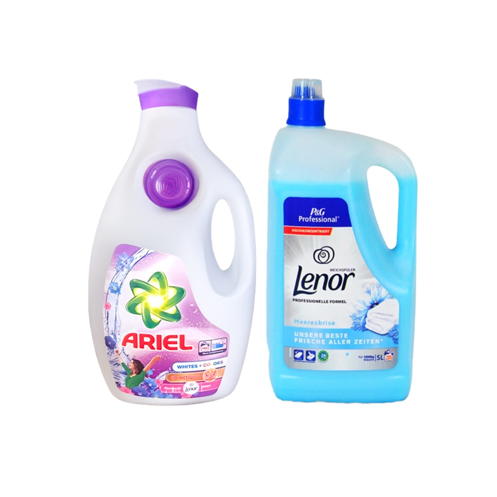 Detergent lichid de rufe lichid Ariel Albe + Colorate 3D Activ, 6.3L + Lenor Sea Breeze 5L