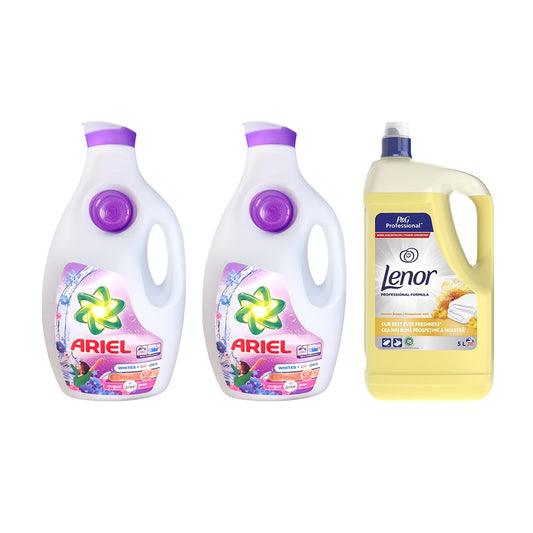 2x Detergent lichid de rufe lichid Ariel Albe + Colorate 3D Activ, 6.3L + Lenor Summer Breeze 5L