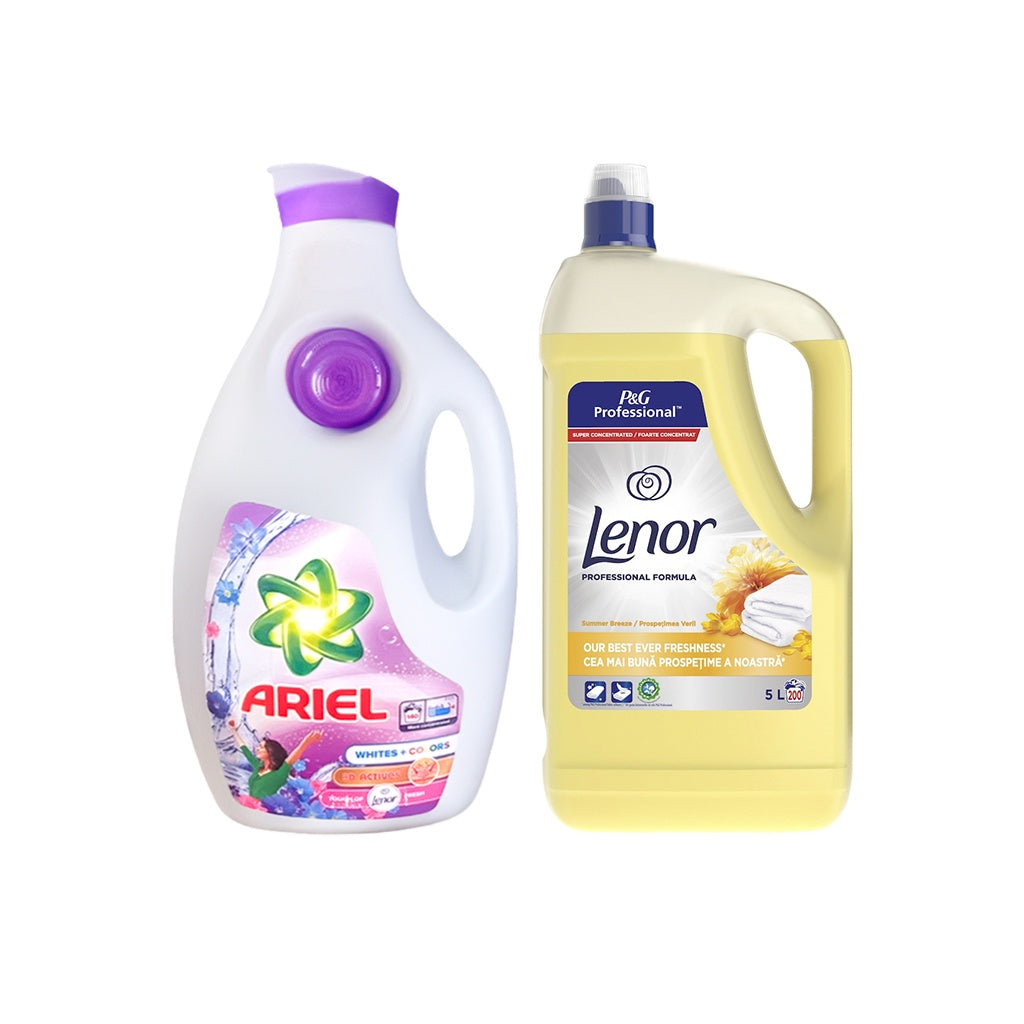 Detergent lichid de rufe lichid Ariel Albe + Colorate 3D Activ, 6.3L + Lenor Summer Breeze 5L