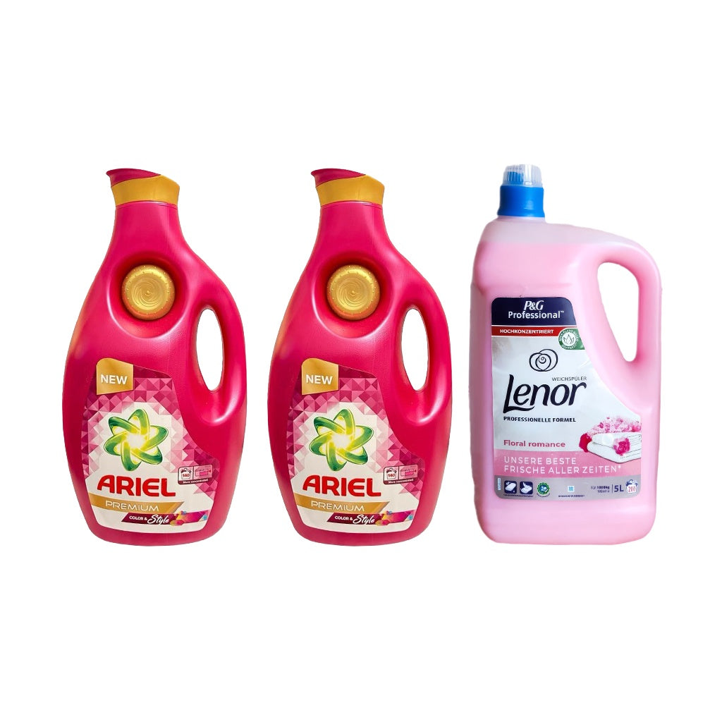 2x Detergent lichid de rufe lichid Ariel Premium, 6.3L + Lenor Floral 5L